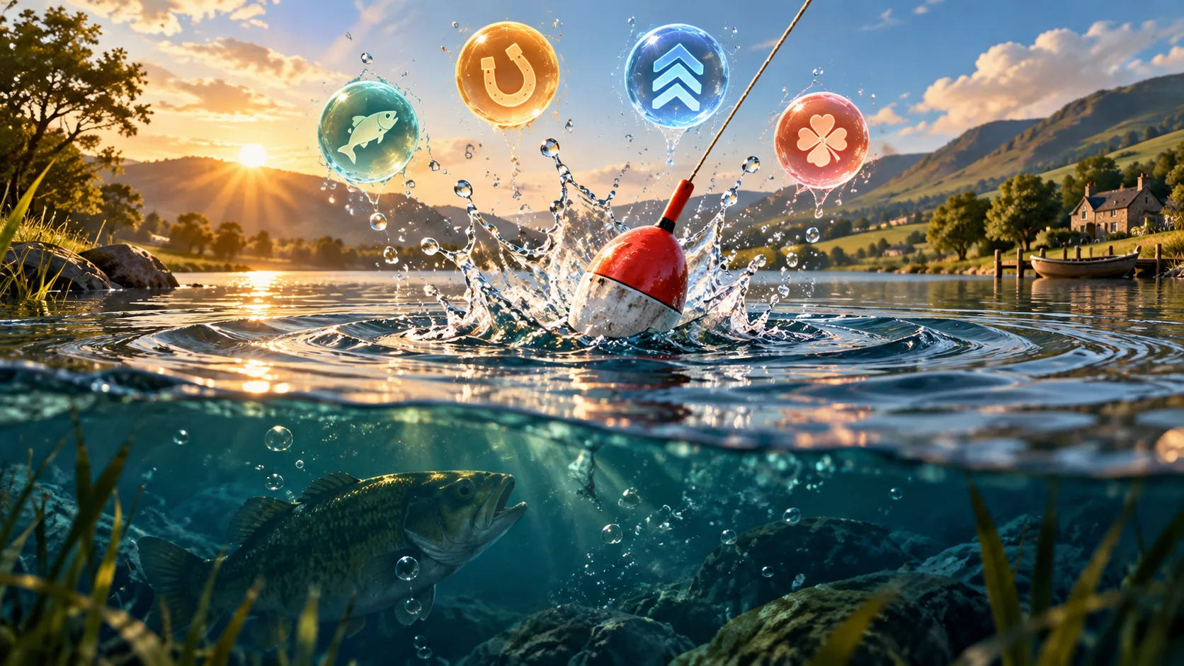 Original editorial illustration for Big Bass Splash: scatters, modifiers and fish