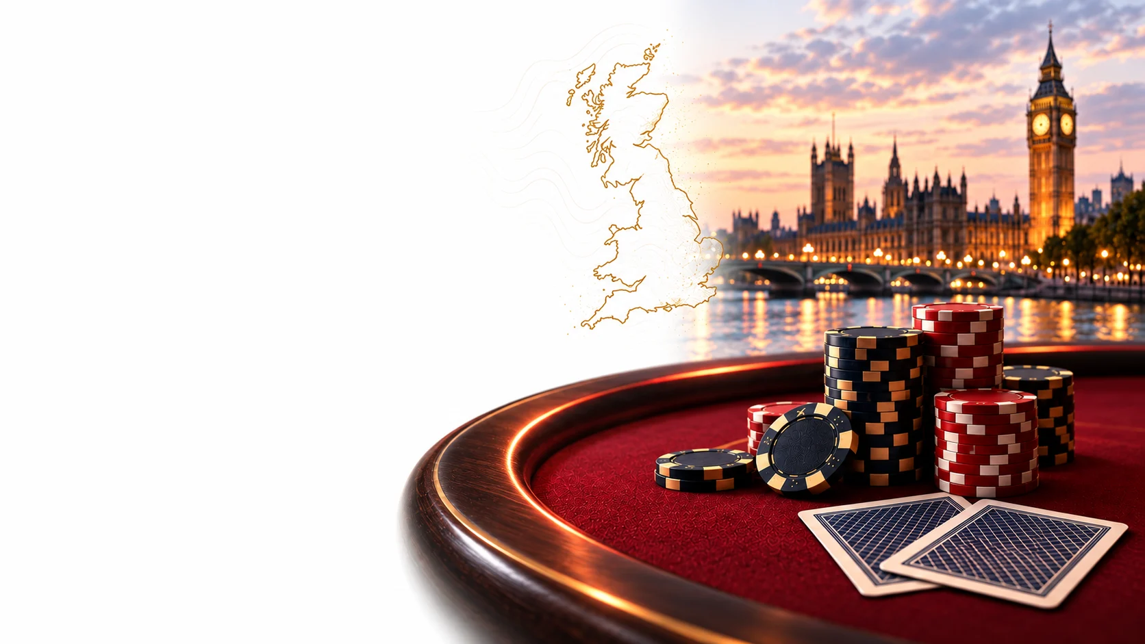 Original editorial view of Westminster, a gold Great Britain outline and cards and chips on burgundy felt